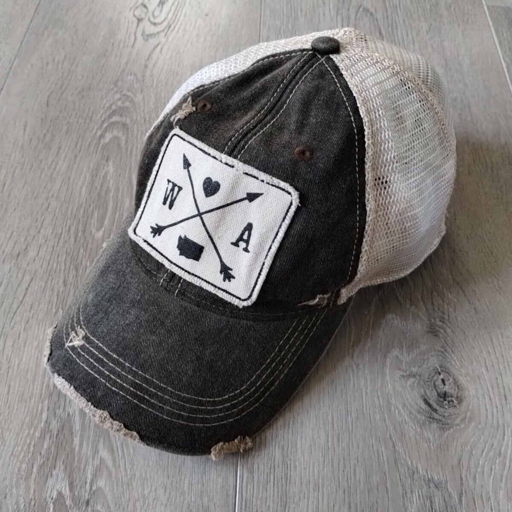 Washington State Hat Trucker Cap Snapback Gray Beige Denim Adjustable Strap